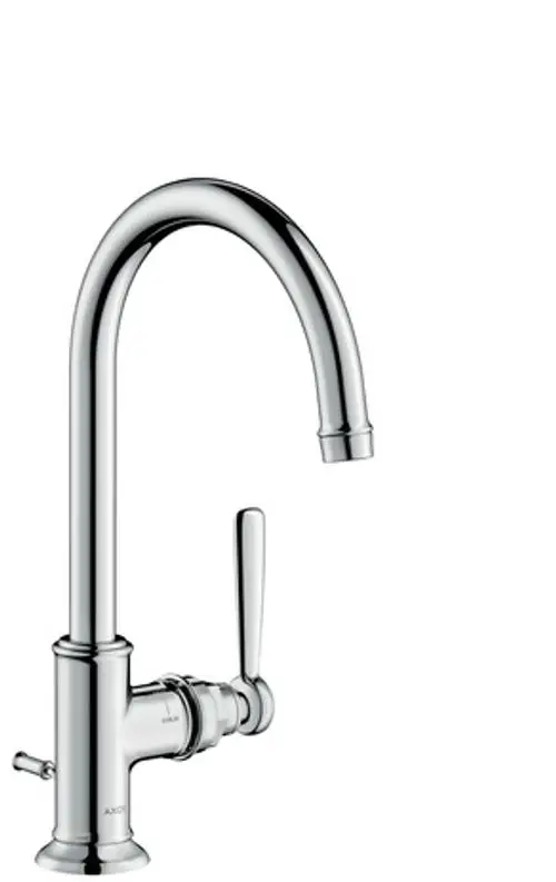 Ein Chrom-Waschtischmischer mit einem gekrümmten Auslauf und einem Hebelgriff. Das Produkt ist von AXOR und enthält eine Zugstangen-Ablaufgarnitur.